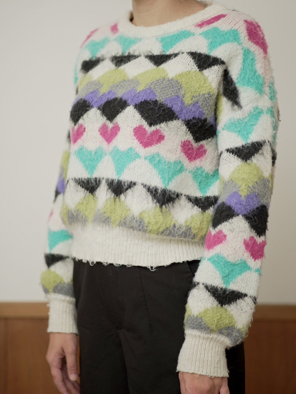 Noisy May Cream Sweater with Mint Pink Lime Purple Heart Pattern